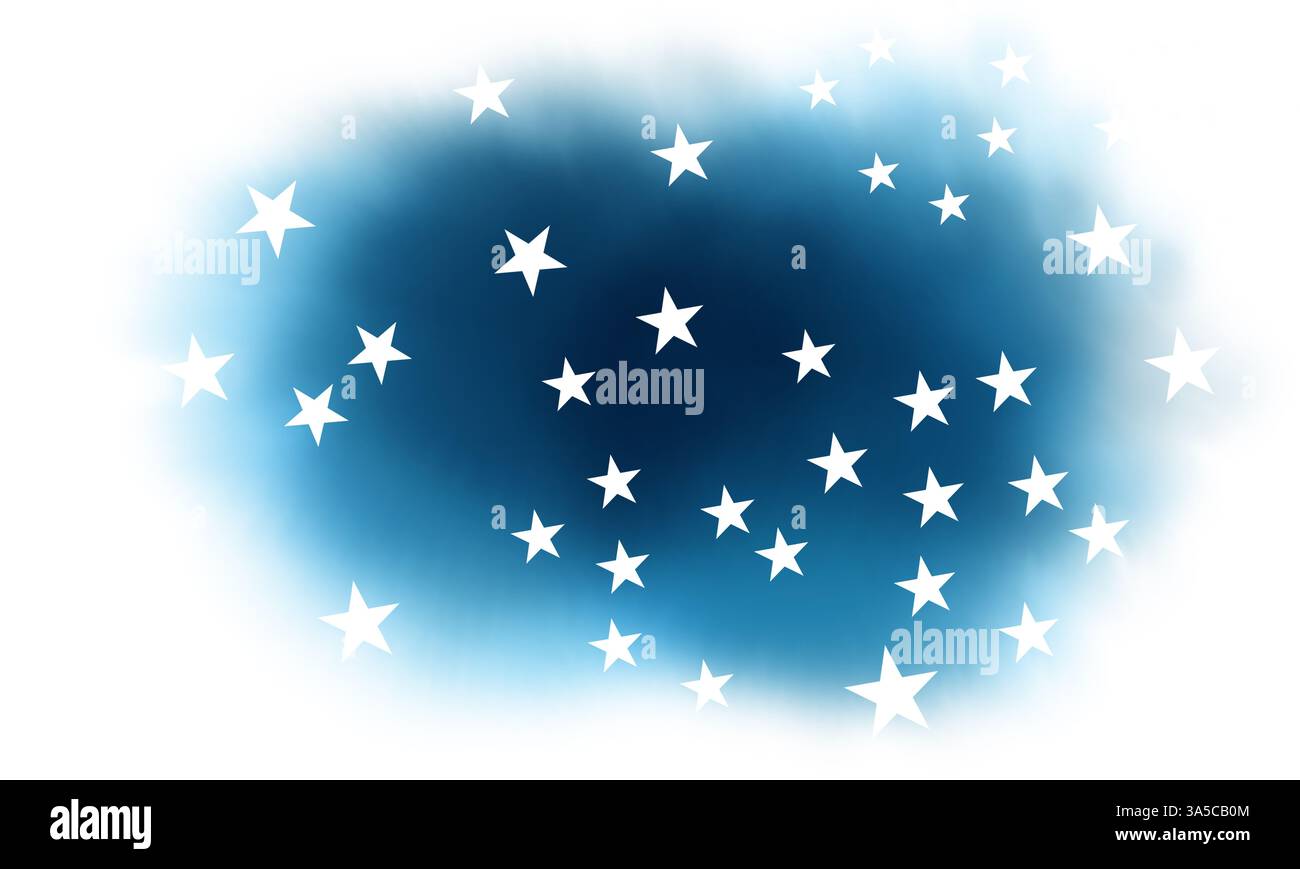 Sternenklare Nacht auf blauem Wolkenplätschern. Aquarellhintergrund auf transparentem Hintergrund für Kopfzeile, Broschüre, Poster, Karte, Cover oder Webbanner. Stockfoto