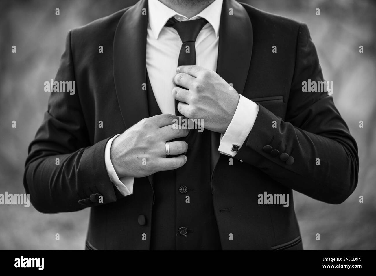 Zeitlose Eleganz – Der Bräutigam Fixiert Seine Krawatte Stockfoto