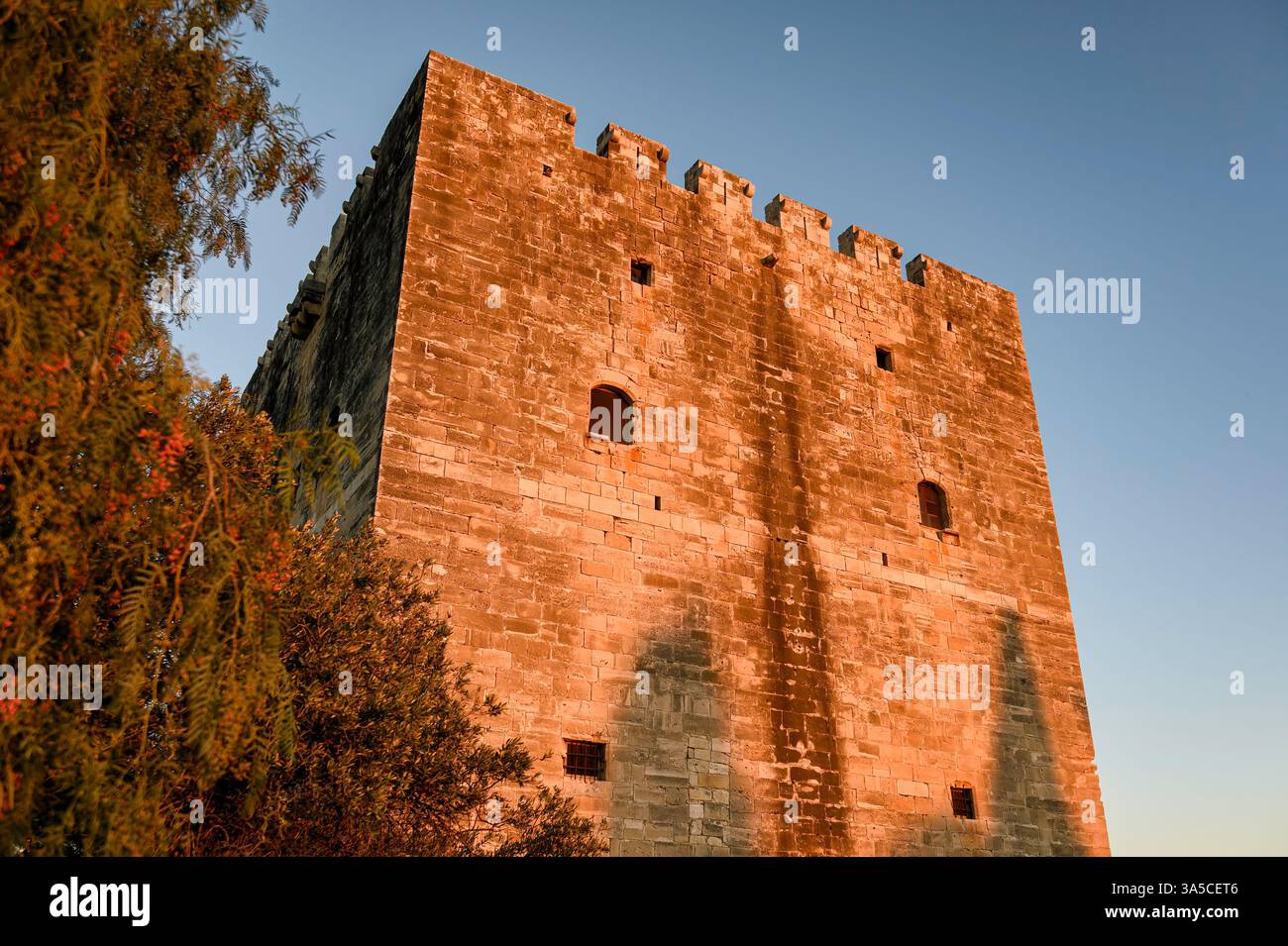 Warmes Sonnenlicht beleuchtet das Schloss Kolossi, eine mittelalterliche Festung in der Nähe von Limassol, Zypern, und schafft eine fesselnde historische Szene Stockfoto
