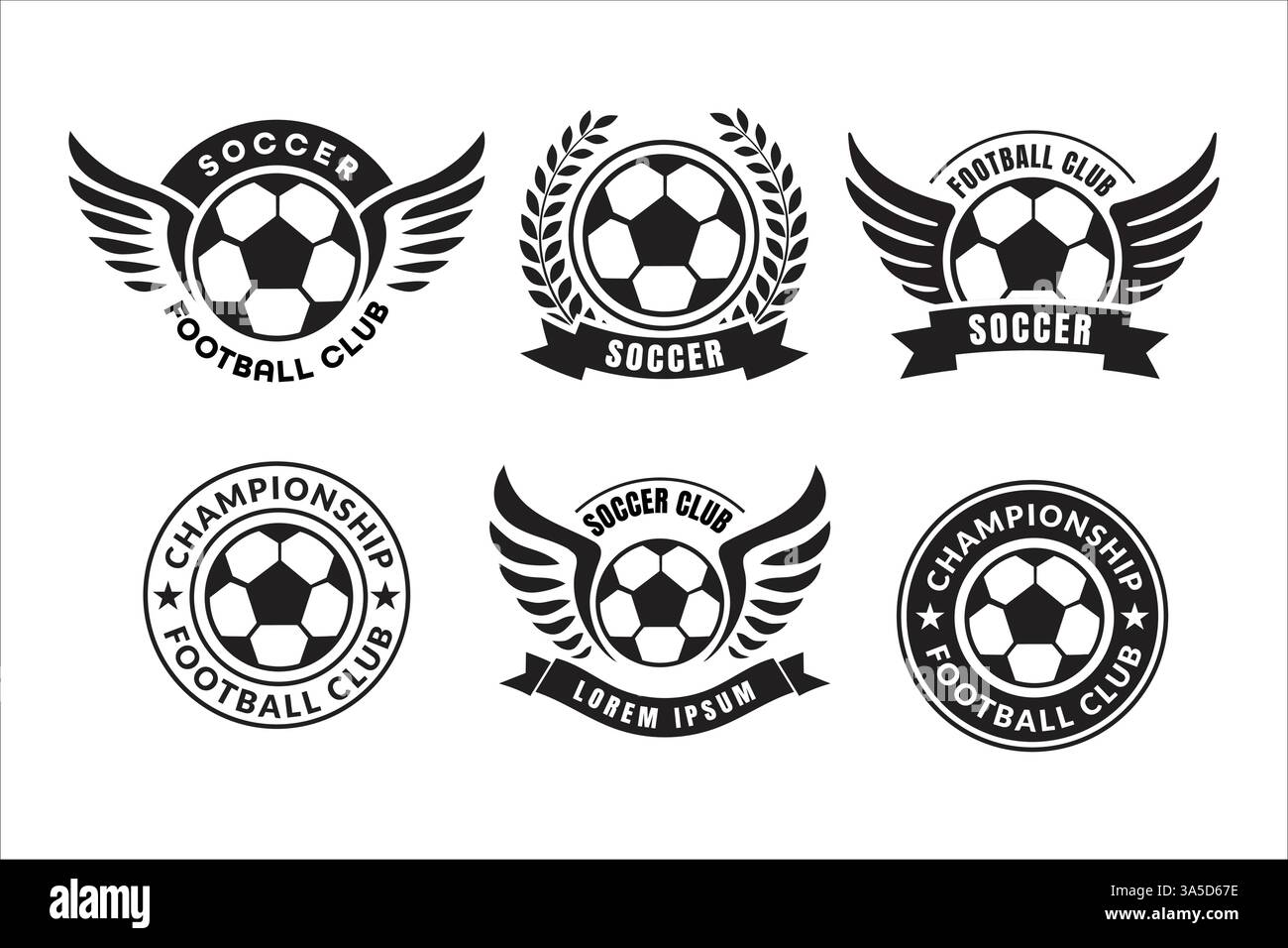 Logo-Design des monochromen Fußballklubs mit Wings- und Lorbeerelementen. Sie repräsentieren die Teammeisterschaft und das Thema des Teams. Stock Vektor