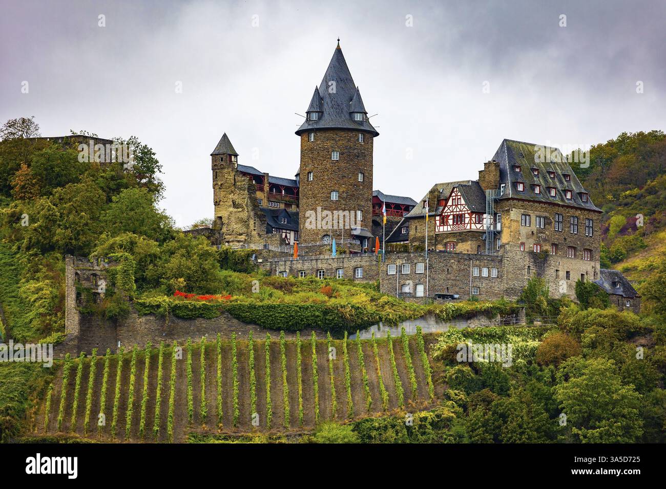 Rheinschlösser: Eine Reise ins deutsche Mittelalter. Romantische Schlösser am Rheinufer. Herrliche mittelalterliche Burgen an den hohen Hügeln am Ufer Stockfoto