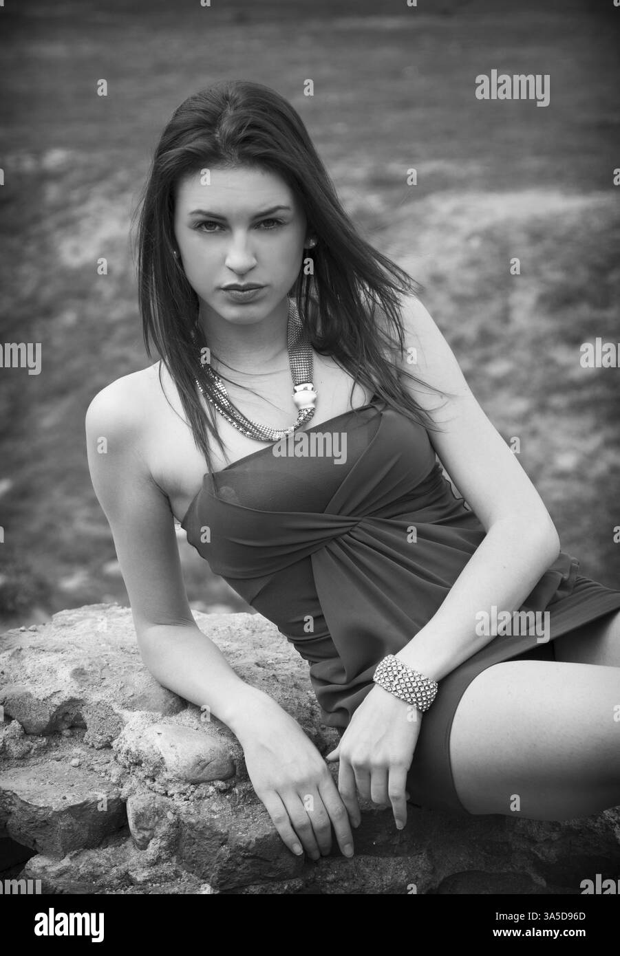 Attraktive junge Frau in Grünland stützte sich auf Stein tragen elegante Kleidung Stockfoto