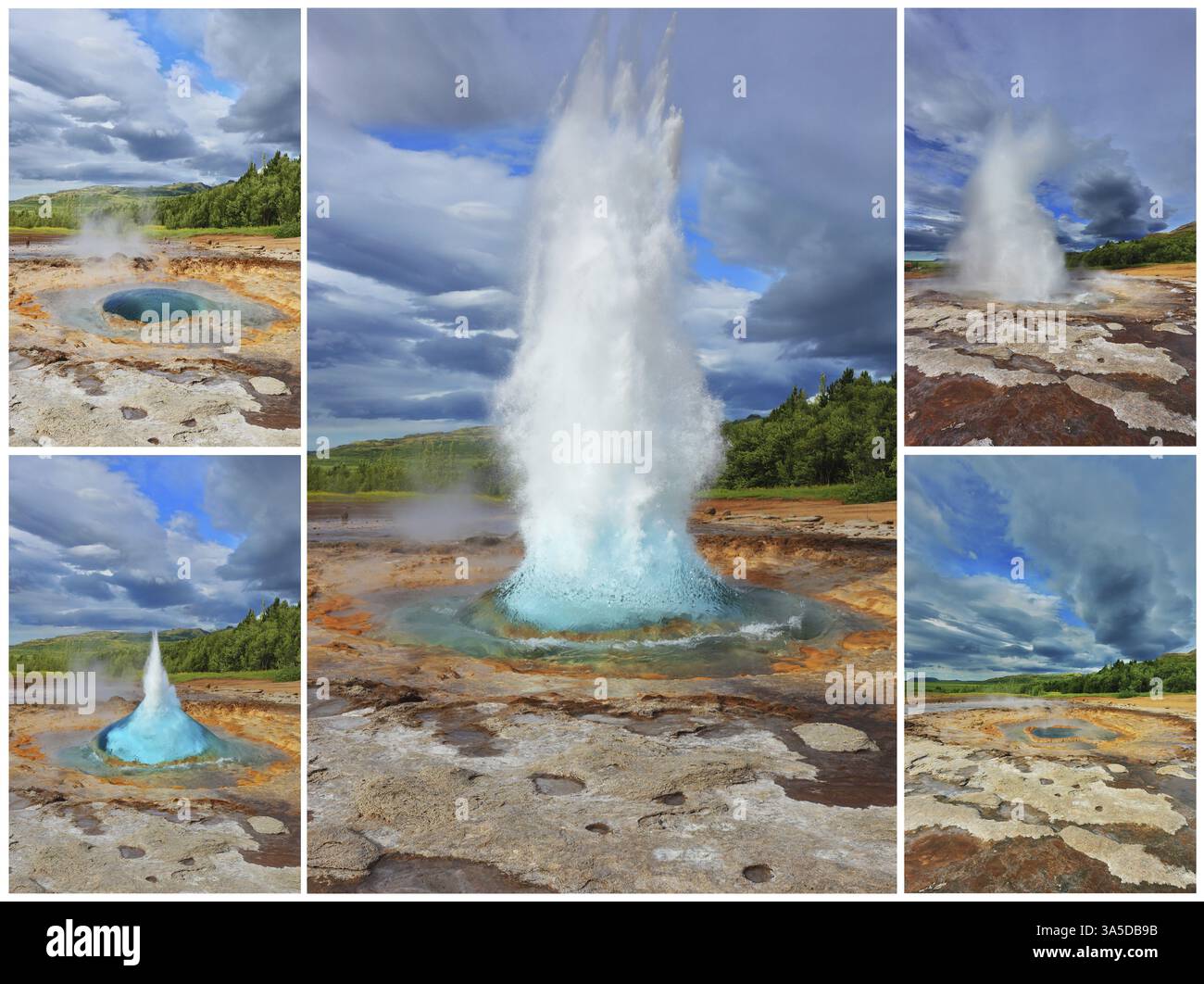 Sprudelnder Geysir Strokkur. Kochende azurblaue Wasserfumarolen ersetzt durch einen Brunnen mit heißem Wasser und Dampf. Collage mit verschiedenen Phasen der Aktion o Stockfoto