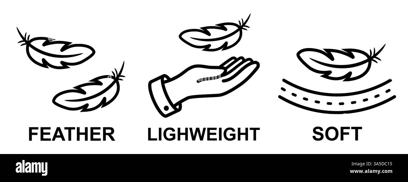 Leichte Feder auf der Handfläche, leichte weiche Oberfläche, zarte, empfindliche Hautpflege. Vogelfeder. Fliegende Federn. Symbol für Fülllinie mit flaumiger Federung Stock Vektor