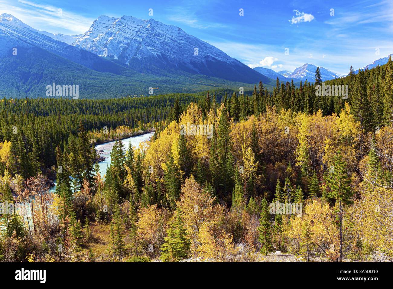 Rocky Mountains von Kanada. Malerische, mehrfarbige Herbstlandschaft. Der Abend steht in Kürze bevor. Dieser künstliche Abraham-See entstand durch den Fluss Stockfoto