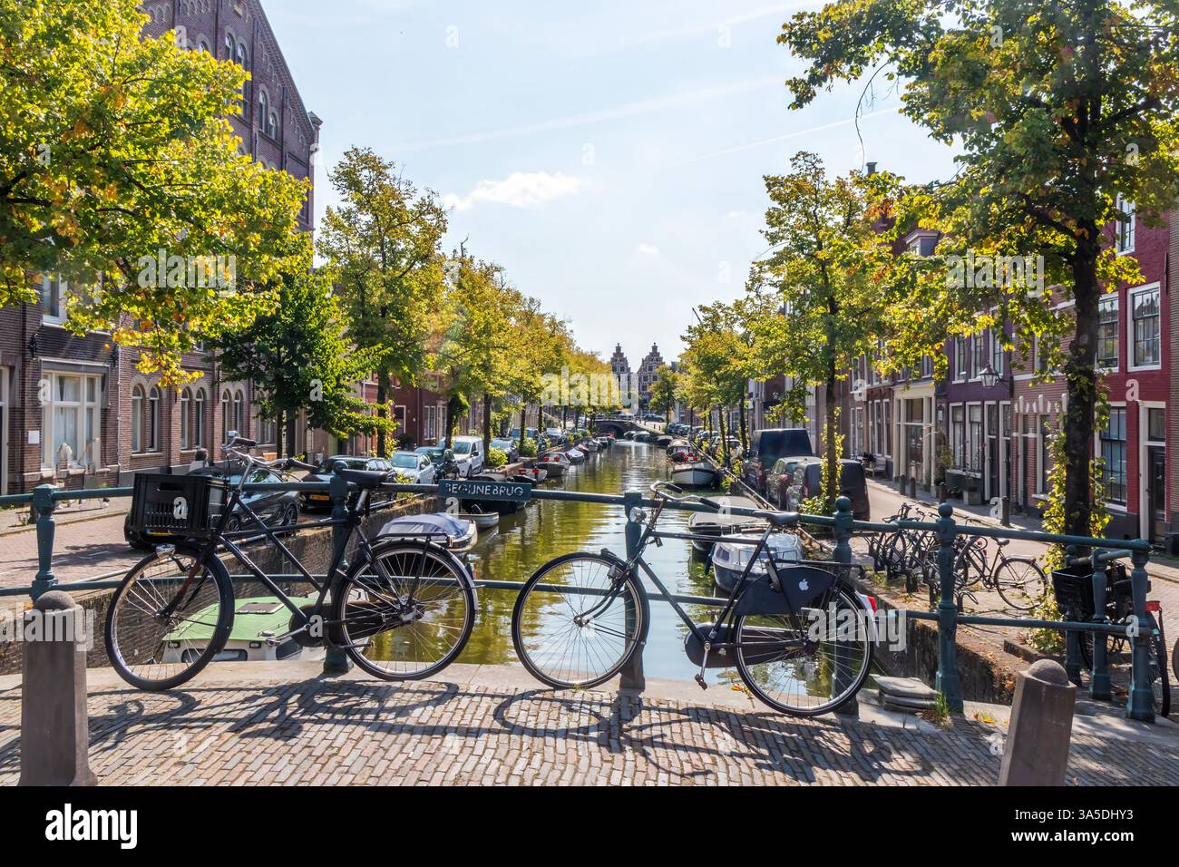 Fahrräder auf einem Brdige über einem Kanal in Haarlem, Niederlande Stockfoto
