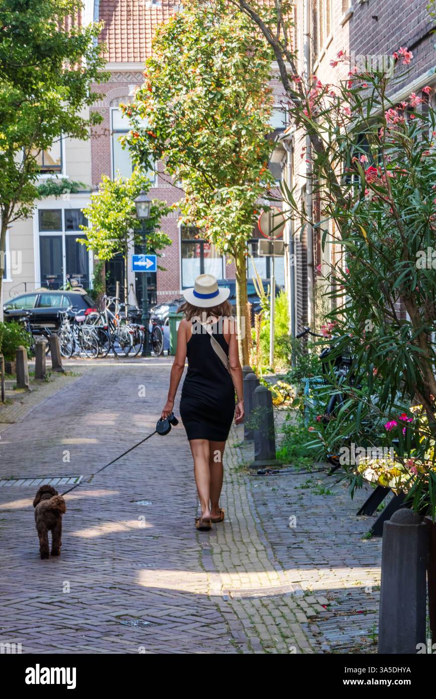 Mädchen mit Hund an der Leine, die eine Straße in Haarlem, Niederlande, entlang laufen Stockfoto