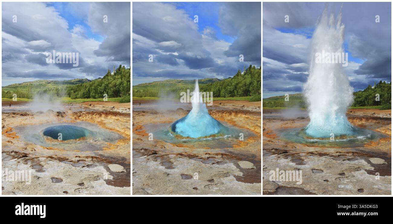 Drei Phasen der Eruption des Geysirs Strokkur in Island. Eine Säule aus heißem Wasser und Dampf, um Vyravaetsya des Landes anzutreiben. Collage - eine Karte Stockfoto