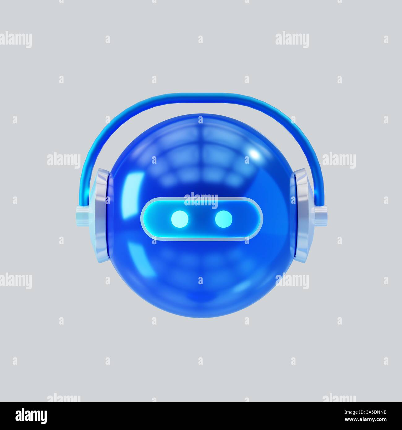 Ein 3D-Symbol eines KI-Roboters mit Kopfhörern. Stockfoto
