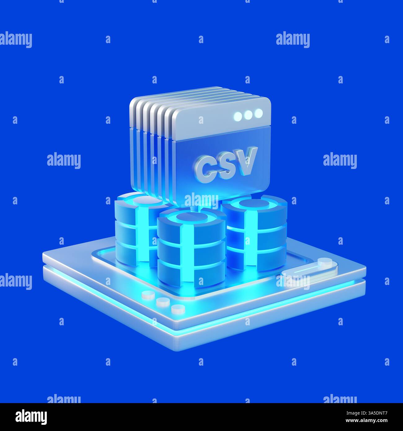 3D-Symbol eines CSV-Datendateidokuments, das mit einem Server verbunden ist und digitale Datenspeicherung, -Verarbeitung und -Geschäftsanalyse darstellt. Stockfoto
