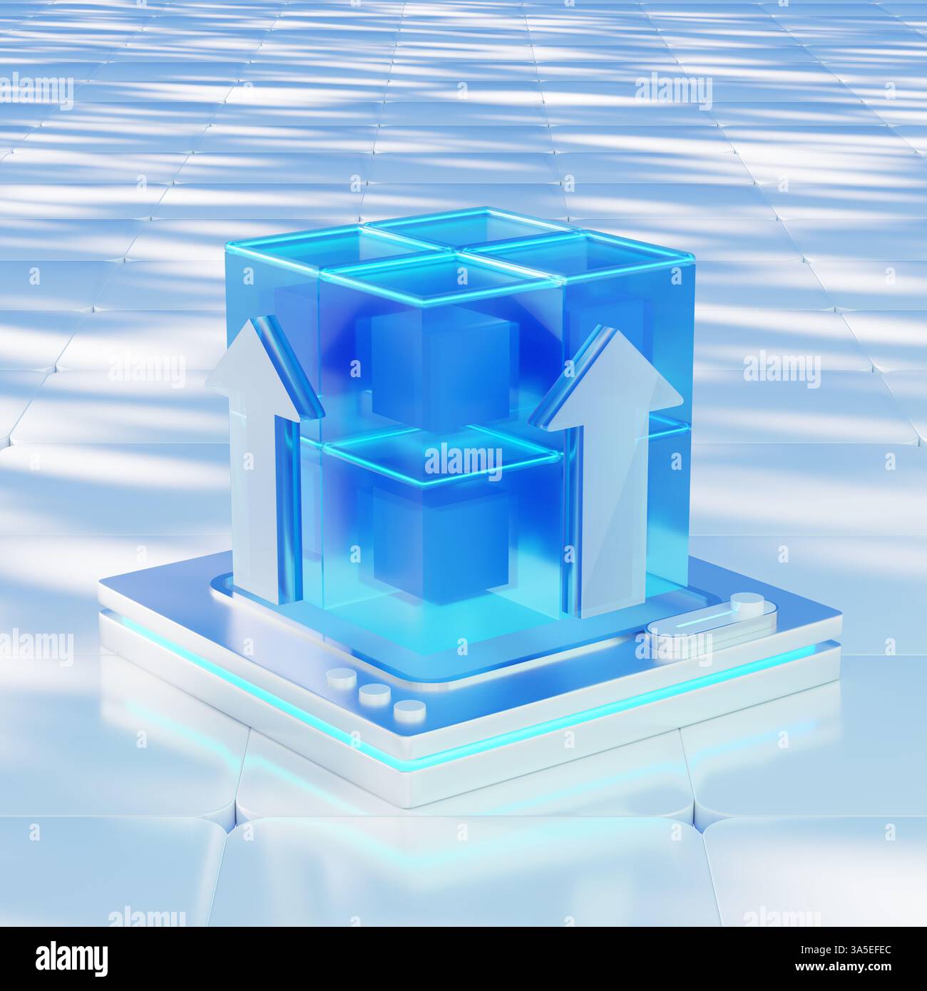 3D-Symbol für Cloud-Computing, das mit einem Server verbunden ist und moderne Datenverarbeitungstechnologie darstellt. Stockfoto