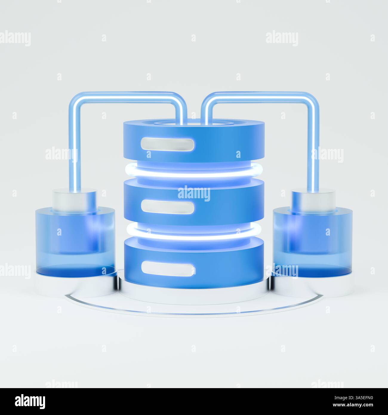 3D-Symbol des Datenbankservers, der mit dem Netzwerk verbunden ist. Stockfoto
