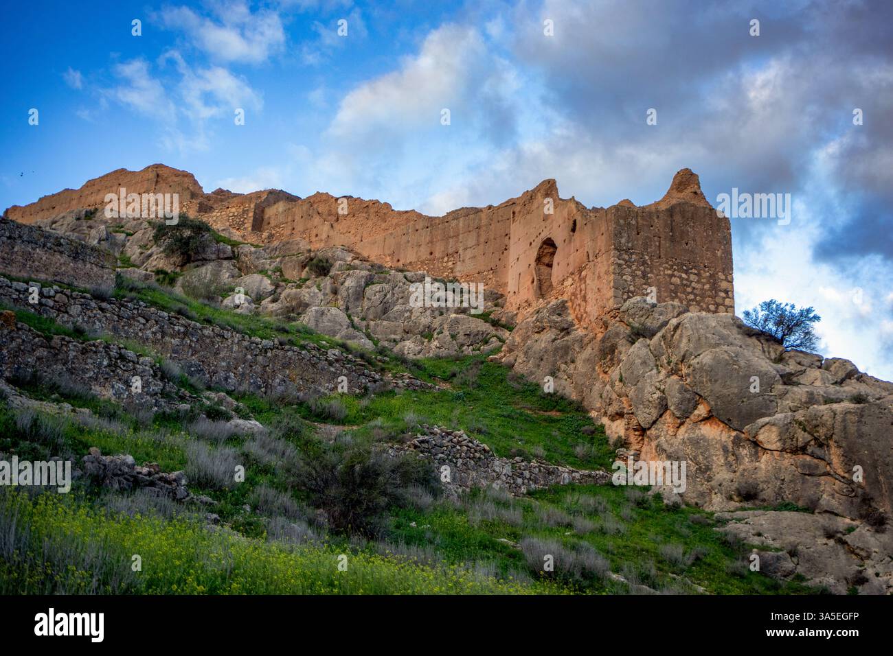 Detail der Mauern der Ruinen der mittelalterlichen Burg Xiquena auf einer Klippe in der Stadt Lorca, Region Murcia, Spanien Stockfoto
