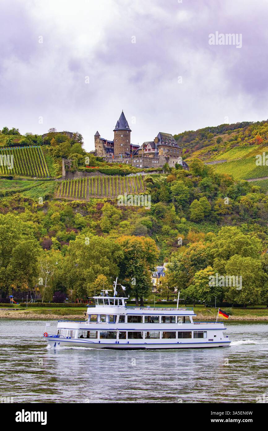 Rheinschlösser. Romantische Burgen am Rheinufer. Die Hügel sind die Heimat der gepflegten Weinberge. Touristenboote und Fähren segeln entlang der Stockfoto