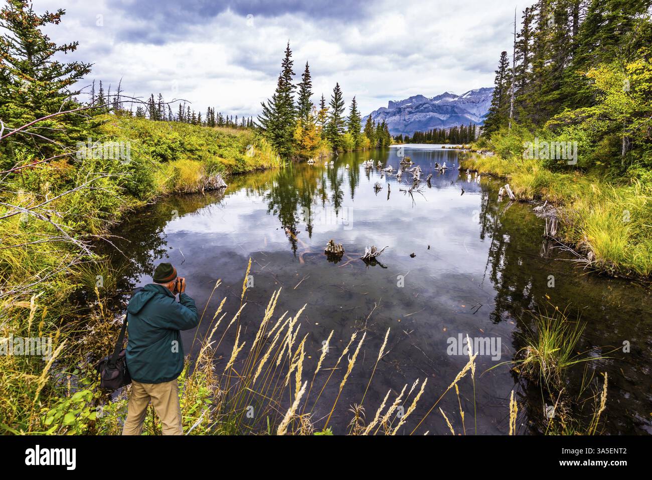 Das Tal entlang der Pocahontas Straße. Die Seen, Tannen und Berge Kanadas. Ein Mann mit einer Fototasche fotografiert eine wunderschöne Landschaft. Konzept von Stockfoto