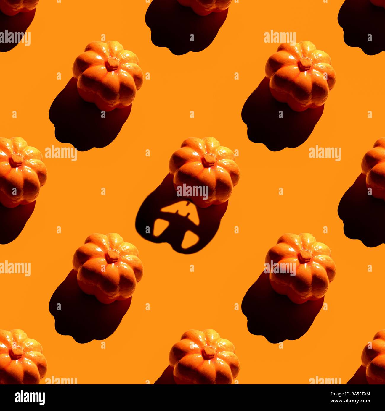 Kleine orangefarbene Kürbisse in einem diagonalen Muster auf einem flachen orangefarbenen Hintergrund, Schatten, herbstliches Konzept. Nahtloses Muster Stockfoto