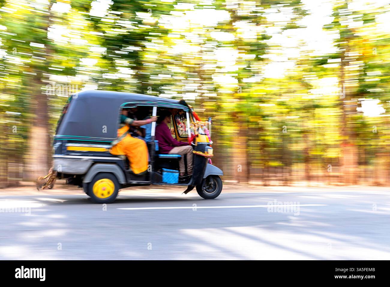 Die Rikscha-Automatik verschwimmt auf einer wunderschönen Landstraße durch die malerische Baumallee in der Nähe von Bhubaneswar in Odisha, Indien Stockfoto