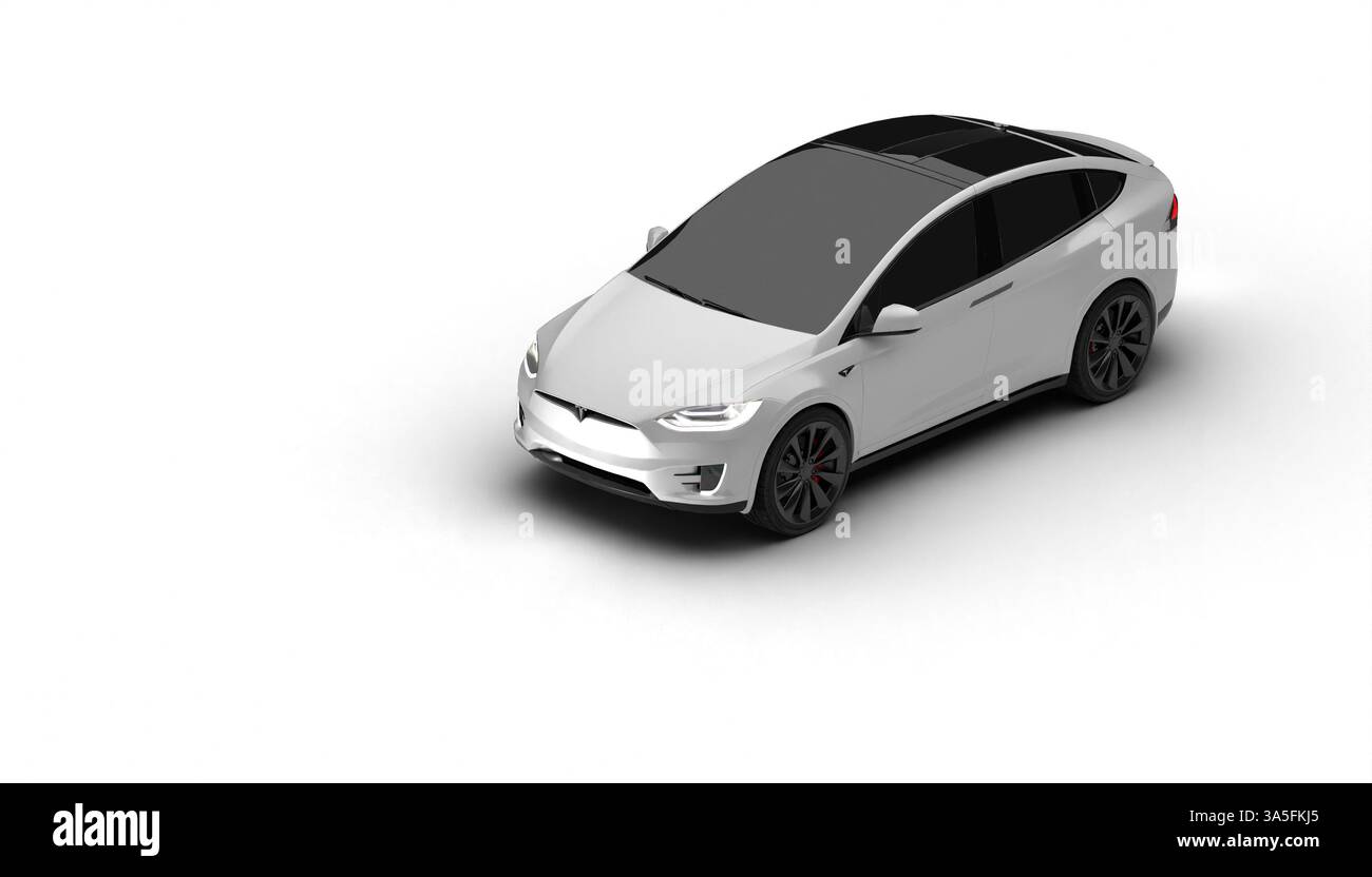 Izmir, Türkei - 19. März 2025: Weißer Hintergrund, Vorderansicht des weißen Tesla Model X von oben nach unten mit seiner eleganten Motorhaube, Aerodynamik und fortschrittlichen Elektr Stockfoto