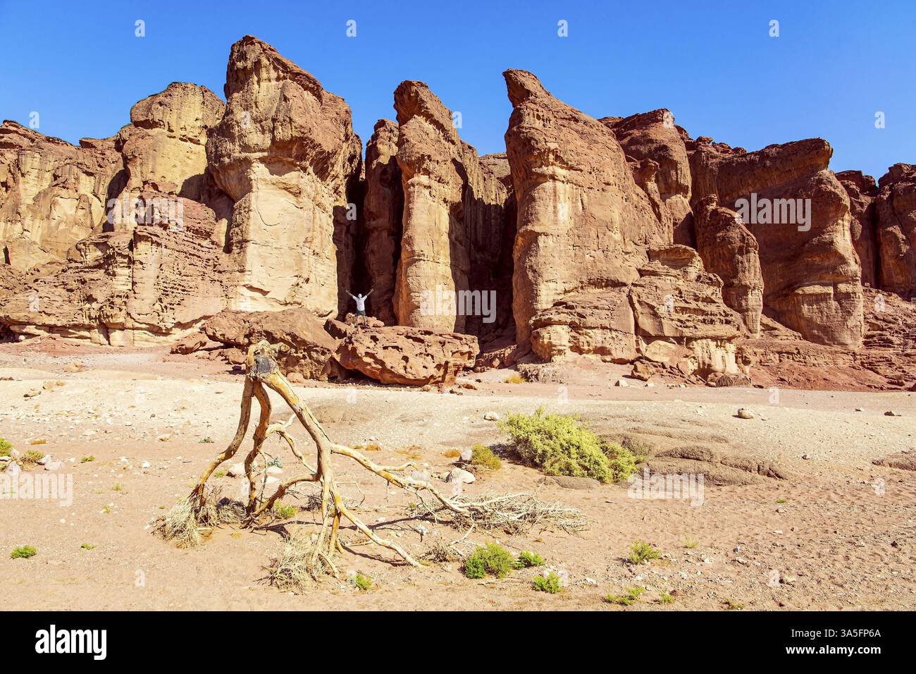 Salomon-Säulen des Timna-Parks. Das Timna-Tal im Süden der Arava-Wüste, in der Nähe des Ferienorts Eilat. Israel. Heißer Novembertag. Herrlicher Sand Stockfoto
