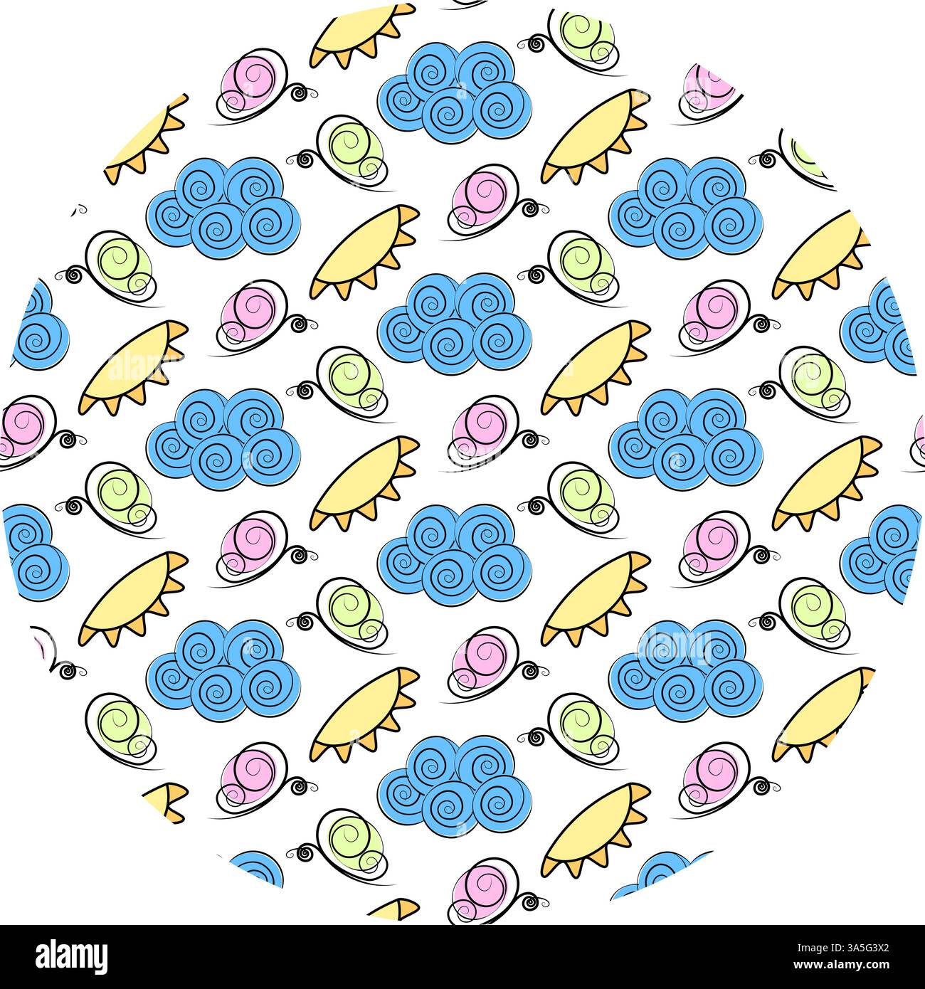Abstrakte Schmetterlinge Wolken Sonne Kreis Hintergrund Textur in trendigen Sommertönen Blau Rosa Gelb. Isolierte Vektor-Illustration Hintergrundbild Thematische Karten oder Web-Werbebanner, Poster, Broschüren, Etiketten Stock Vektor