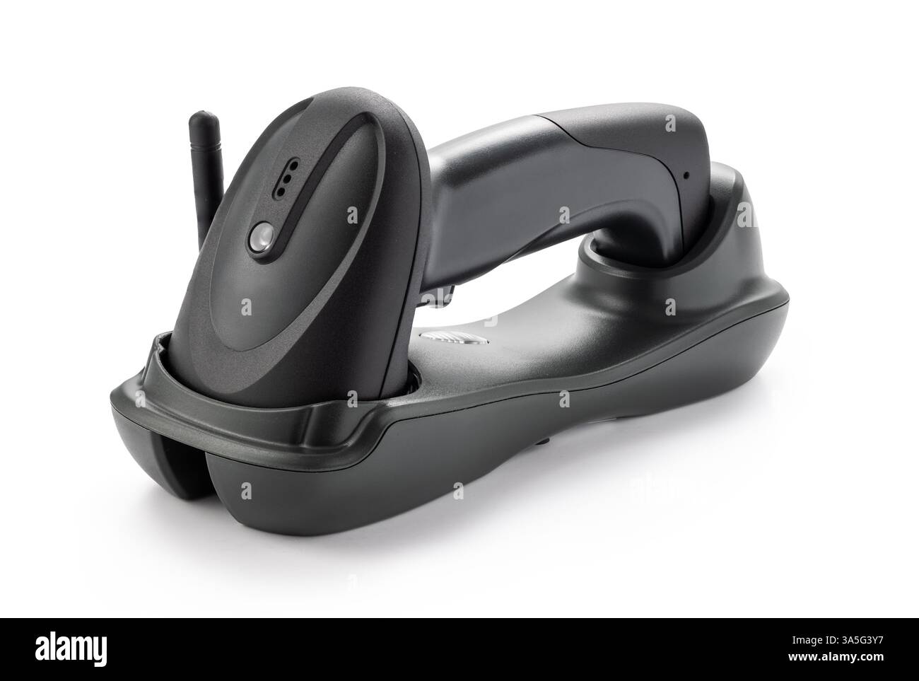 Barcodeleser qr-Code drahtloser Handheld-Barcodeleser mit Dockingstation auf weißem Hintergrund Stockfoto