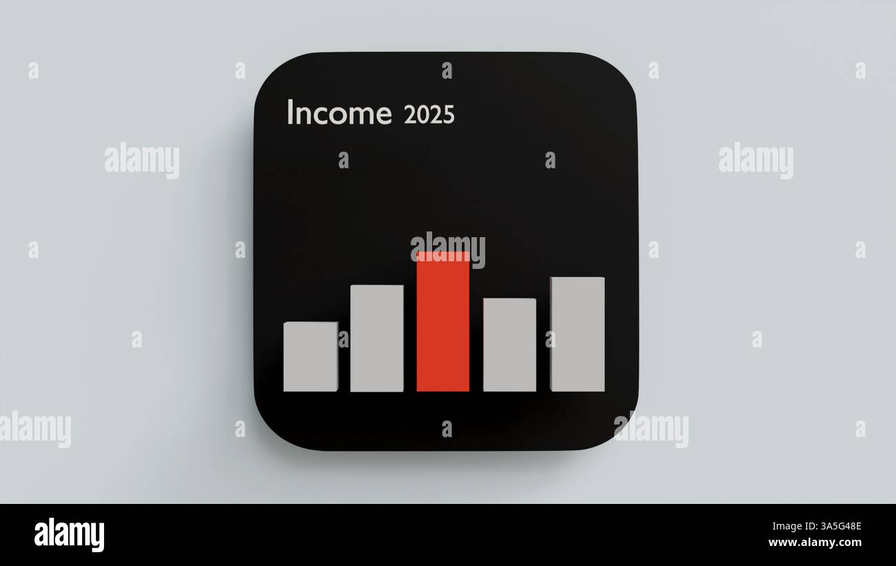 3D-Balkendiagramm für Wachstum, 2025 Balkendiagramm Einkommen, Einnahmen und Ausgaben, Statistiken Stockfoto