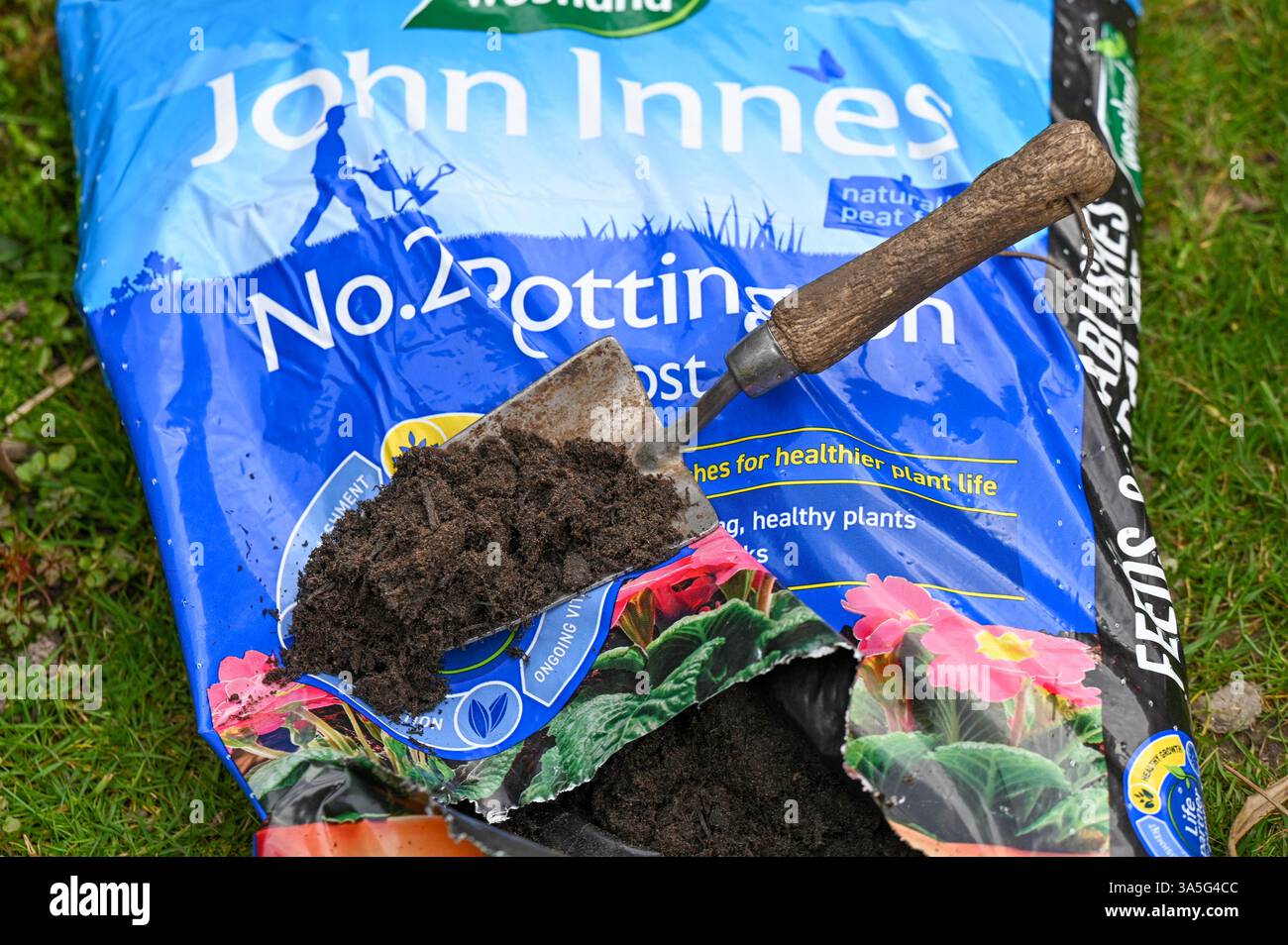 Vorbereitung auf den Sommer mit John Innes Gartenkompost im Frühling Stockfoto