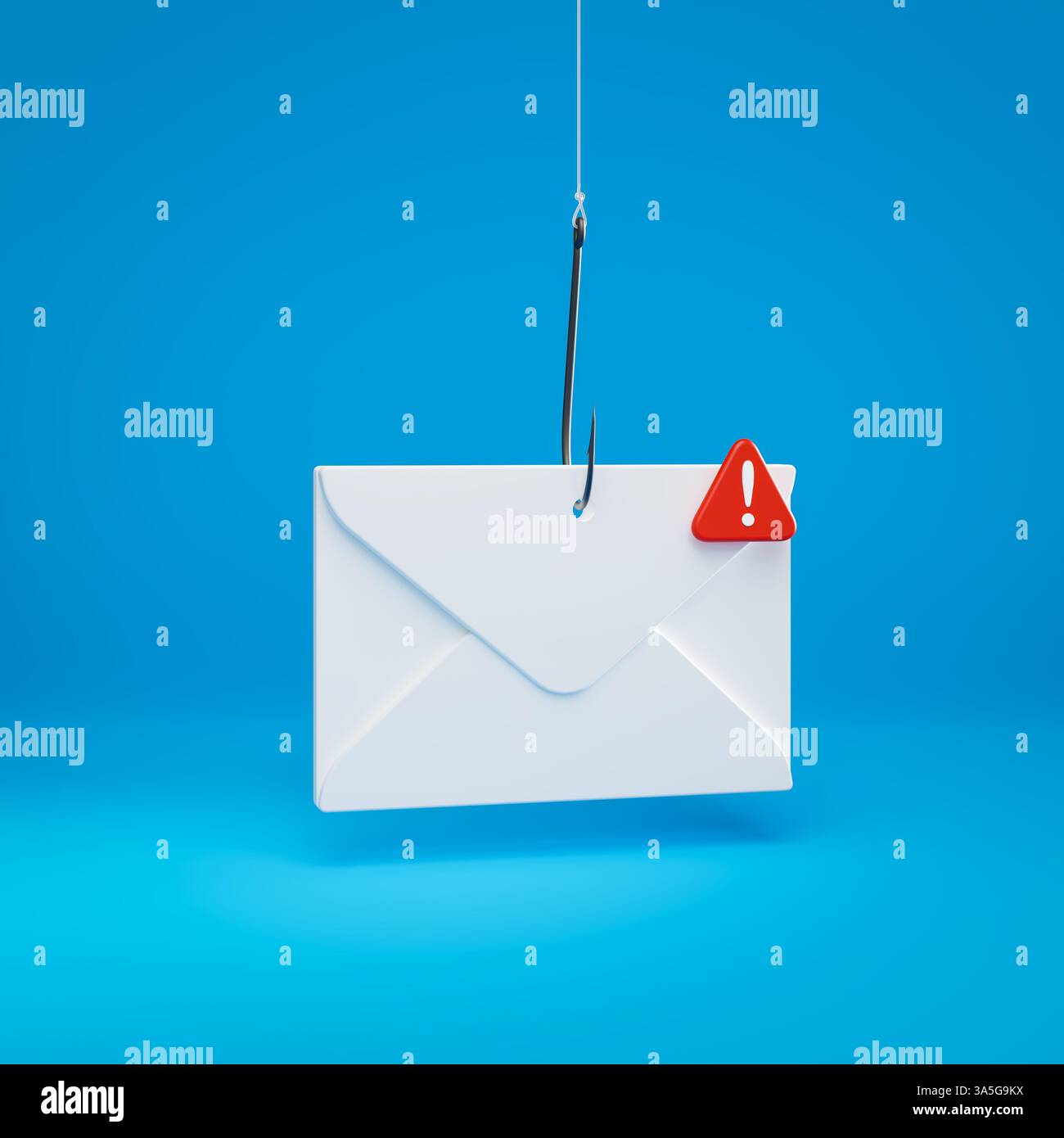 Eine verdächtige E-Mail – Spam oder Phishing. Ein Umschlag auf einem Angelhaken, der über einem blauen Hintergrund mit einem roten Warnschild mit einem Ausrufezeichen bei steht Stockfoto