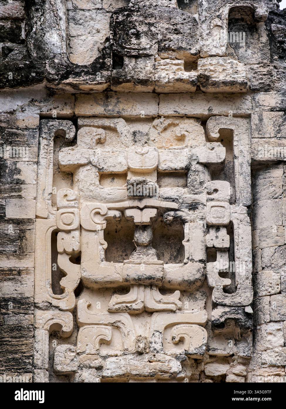 Feline Frontalmasken stapeln sich in Struktur II, Hormiguero Archäologische Stätte, Campeche State, Mexiko Stockfoto Feline Frontalmasken stapeln sich in Struktur II, Hormiguero Archäologische Stätte, Campeche State, Mexiko Stockfoto