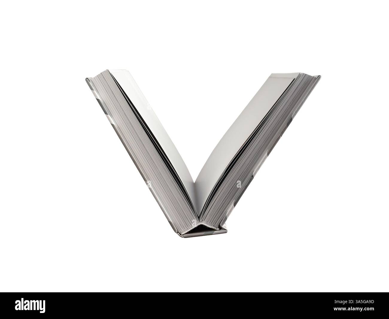 Buch geöffnet, Seiten in V-Form, Flip auf weißem Hintergrund. Hardcover, minimalistisches Design, das Wissen, Bildung und Weisheit symbolisiert. Studienkonzept Stockfoto