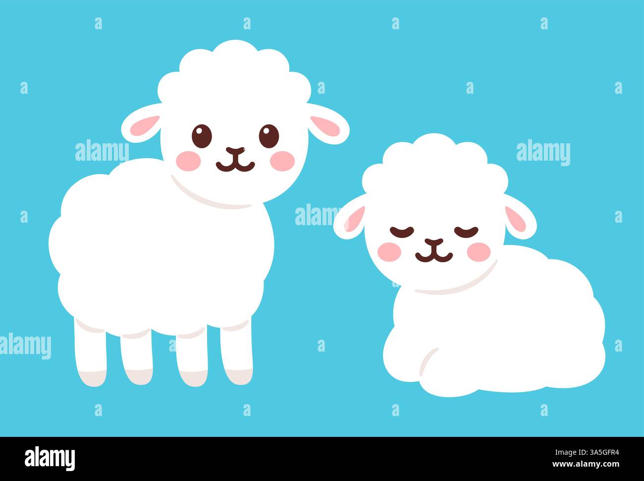Niedliche Zeichentrickfilm-Baby-Schafe Zeichnung. Stehen und liegen und schlafen. Entzückende kleine Lammfigur Vektor-Illustration. Stock Vektor