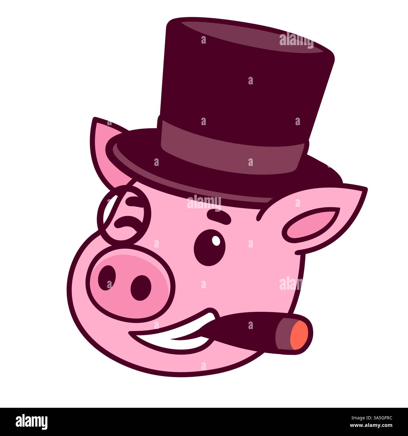 Lustige Karikatur der kapitalistischen Schweinekartei. Reicher Schweinefleisch-Boss mit Zigarre, Monokel und Hut. Niedliche Vektor-Illustration. Stock Vektor