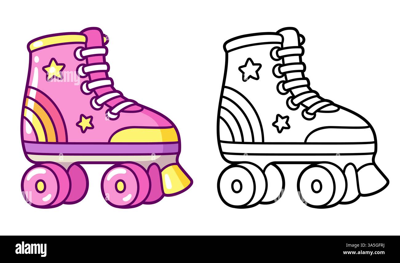 Niedliche Rollschuhzeichnung im Retro-Stil. Farbbild und Schwarzweiß-Strichgrafik. Handgezeichnete Zeichentrickvektorillustration. Stock Vektor