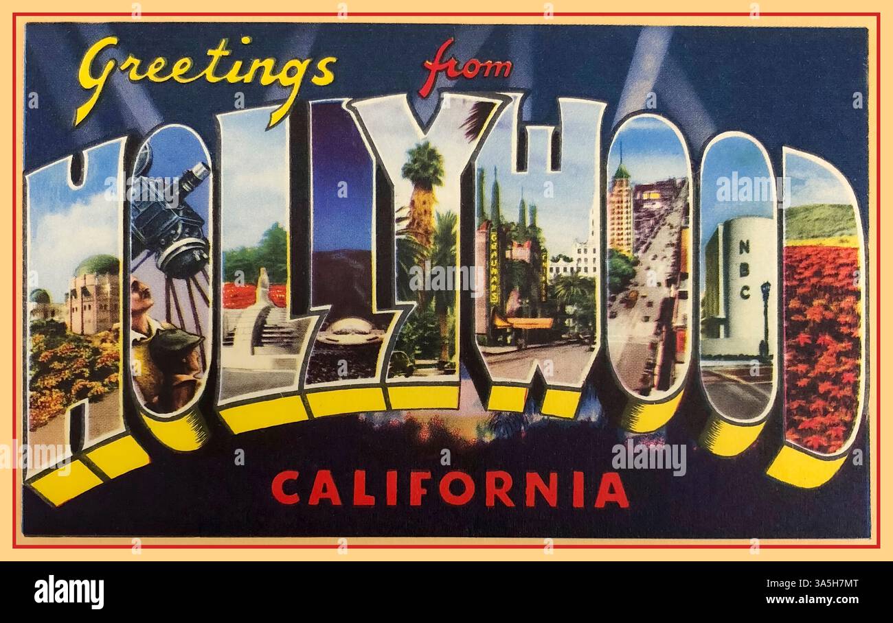 HOLLYWOOD POSTKARTE VINTAGE RETRO Grüße aus Hollywood, KALIFORNIEN Vintage großer Buchstabe Hollywood, California City Name Postkarte (ca. 1930er-1940er Jahre). Hergestellt in den USA. Stockfoto