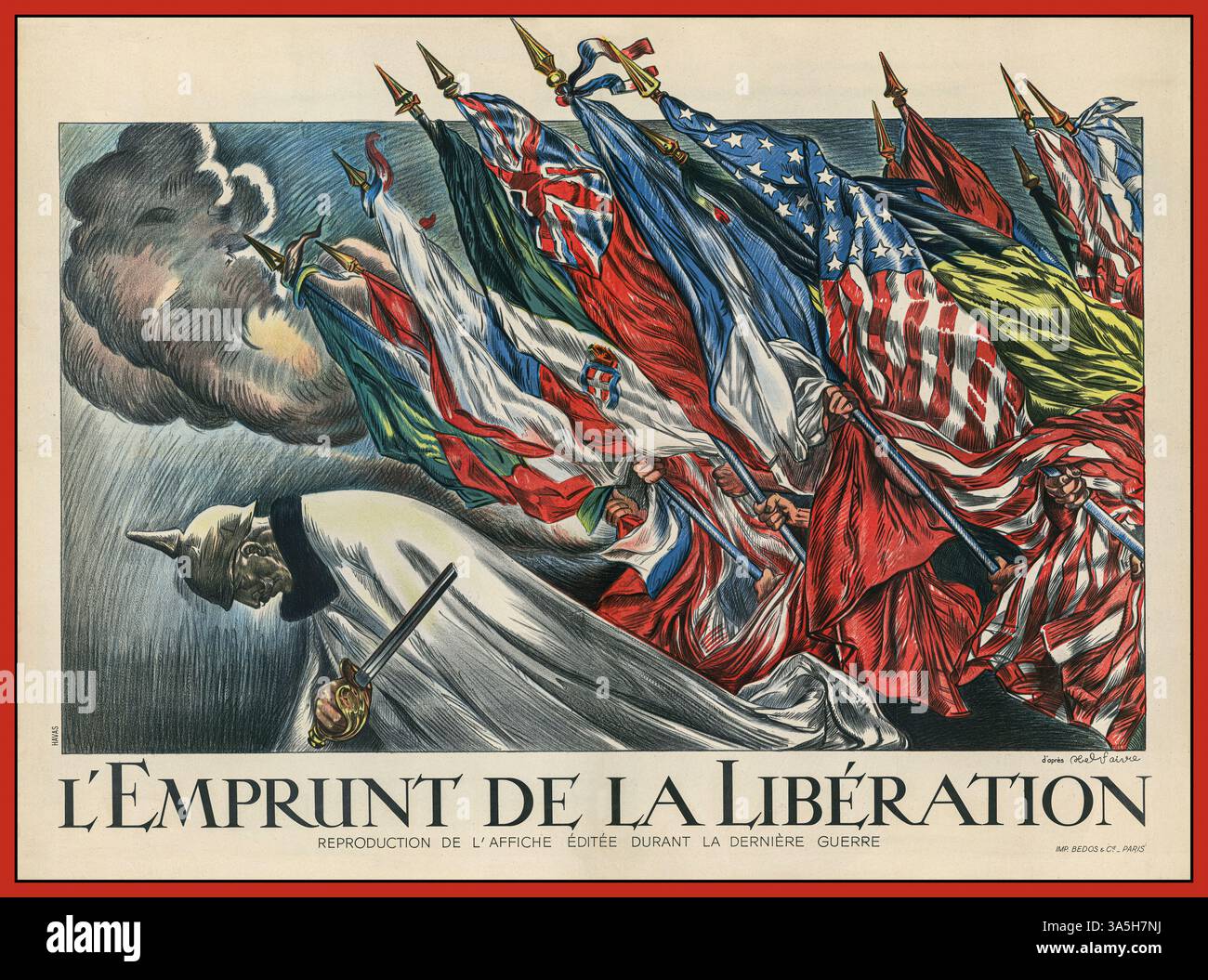 Poster aus dem 1. Weltkrieg mit dem Titel „L’Emprunt de la Libération“ von Jules Abel Faivre, gegründet 1918. Das Poster zeigt Kaiser Wilhelm II. Kniend mit einem gebrochenen Schwert, was die Niederlage der Mittelmächte symbolisiert. Über ihm sind Flaggen der Alliierten zu sehen, die die Kräfte darstellen, die ihn vertreiben. Zu den Flaggen gehören die von Frankreich, Italien, Großbritannien, Belgien und den Vereinigten Staaten. Der Text auf dem Poster ermutigt die Menschen, den Kredit zu unterzeichnen. Abel Faivre war ein bekannter Kriegsposter-Künstler Stockfoto