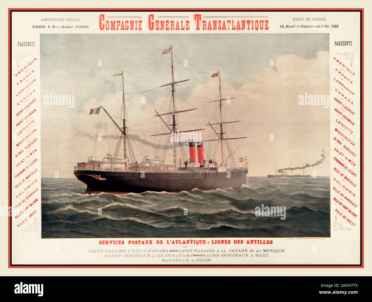 Vintage-Reedereiposter mit der Compagnie Générale Transatlantique (CGT), auch bekannt als French Line, eine französische Reederei, die 1861 gegründet wurde. Es verfügt über ein Segelschiff und Textnachrichten für die Postdienste für den Atlantik und die Antillen. Compagnie Générale Transatlantique... Services postaux de l'Atlantique : Lignes des Antilles... : [affiche] / Herausgeber : [Lith. F. Appel] ([Paris]) 1887 Thema : Transports maritimes -- Publicité Transports par eau : Tourisme Stockfoto