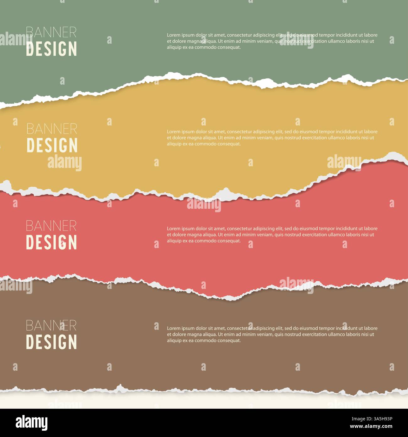 Gerissene Papierbanner. Farbige, geriffelte Papierstreifen, horizontale Schredder von Notizbuchseiten. Vierstufige Infografiken mit abgerissenen Blättern. Schrott mit gerissenen Kanten. Vorlage für Vektorbanner. Stock Vektor