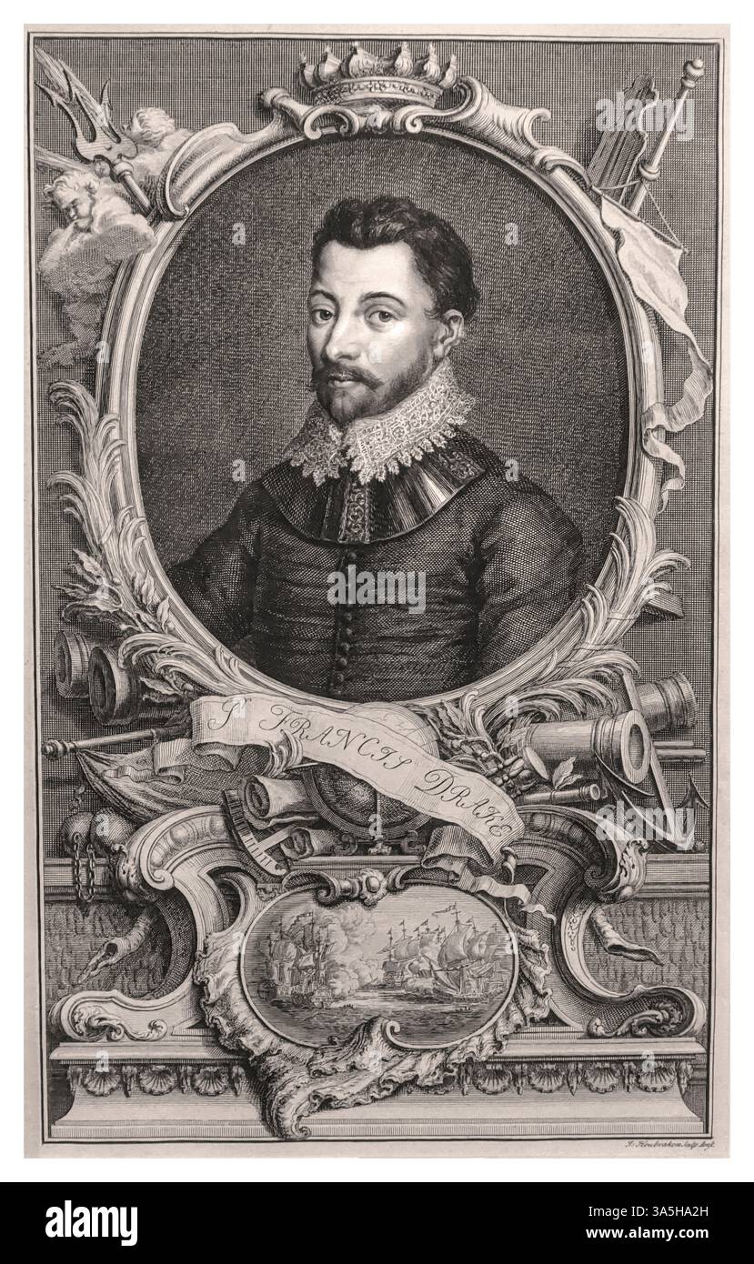Sir Francis Drake Kupferstich Porträt von Jacobus Houbraken, um 1720, Druck auf Papier Stockfoto