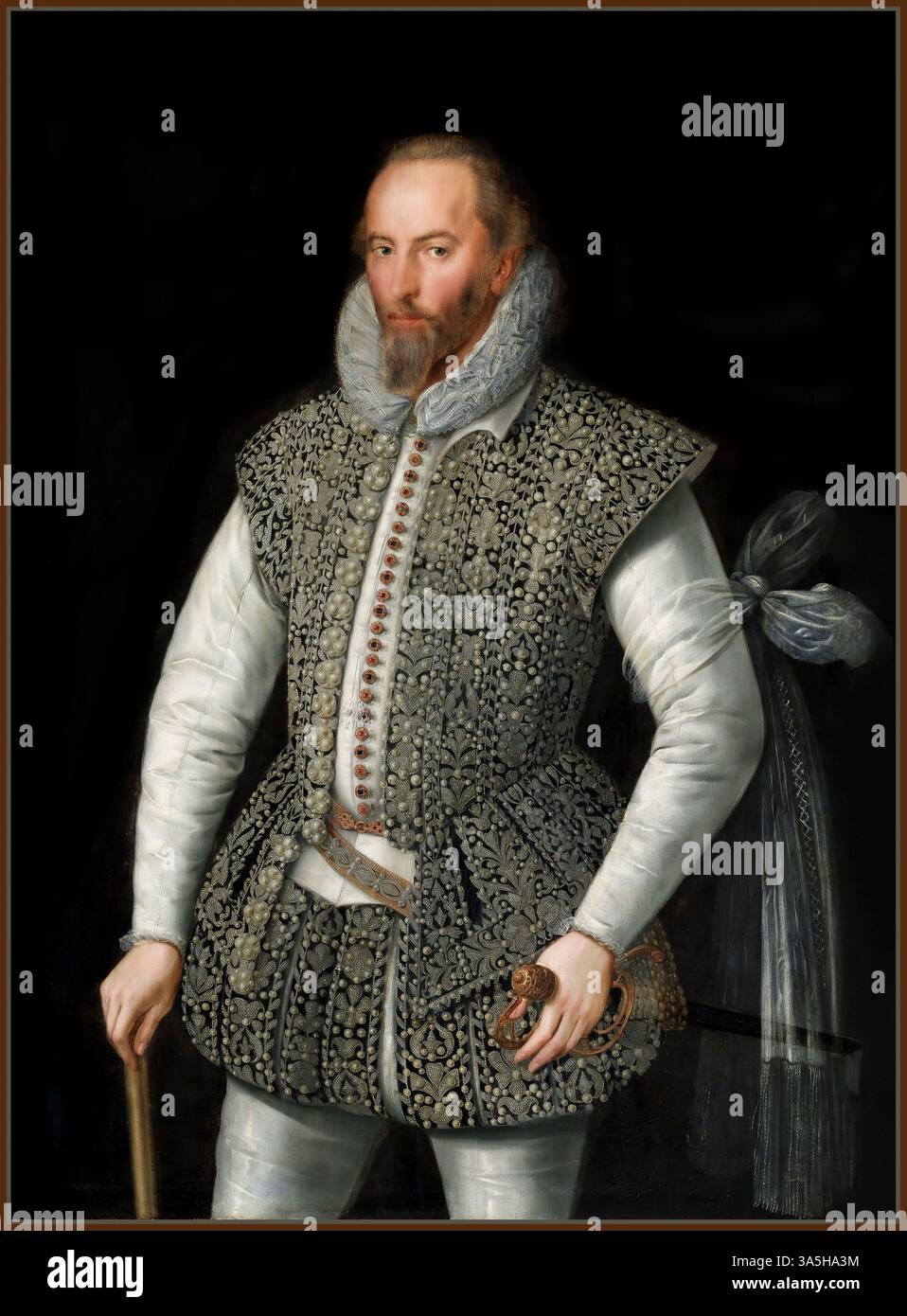 Sir Walter Raleigh Portrait Ölmalerei Künstler : William Segar (1564–1633) zugeschrieben Sir Walter Raleigh (1553–29 Oktober 1618) war ein englischer Staatsmann, Soldat, Schriftsteller und Entdecker. Als einer der bedeutendsten Persönlichkeiten der elisabethanischen Ära spielte er eine führende Rolle bei der englischen Kolonialisierung Nordamerikas, unterdrückte die Rebellion in Irland, half bei der Verteidigung Englands gegen die spanische Armada und bekleidete politische Positionen unter Elisabeth I., die im Tower of London hingerichtet wurden Portrait of Sir Walter Raleigh Date 1598 Medium Oil on Canvas Stockfoto