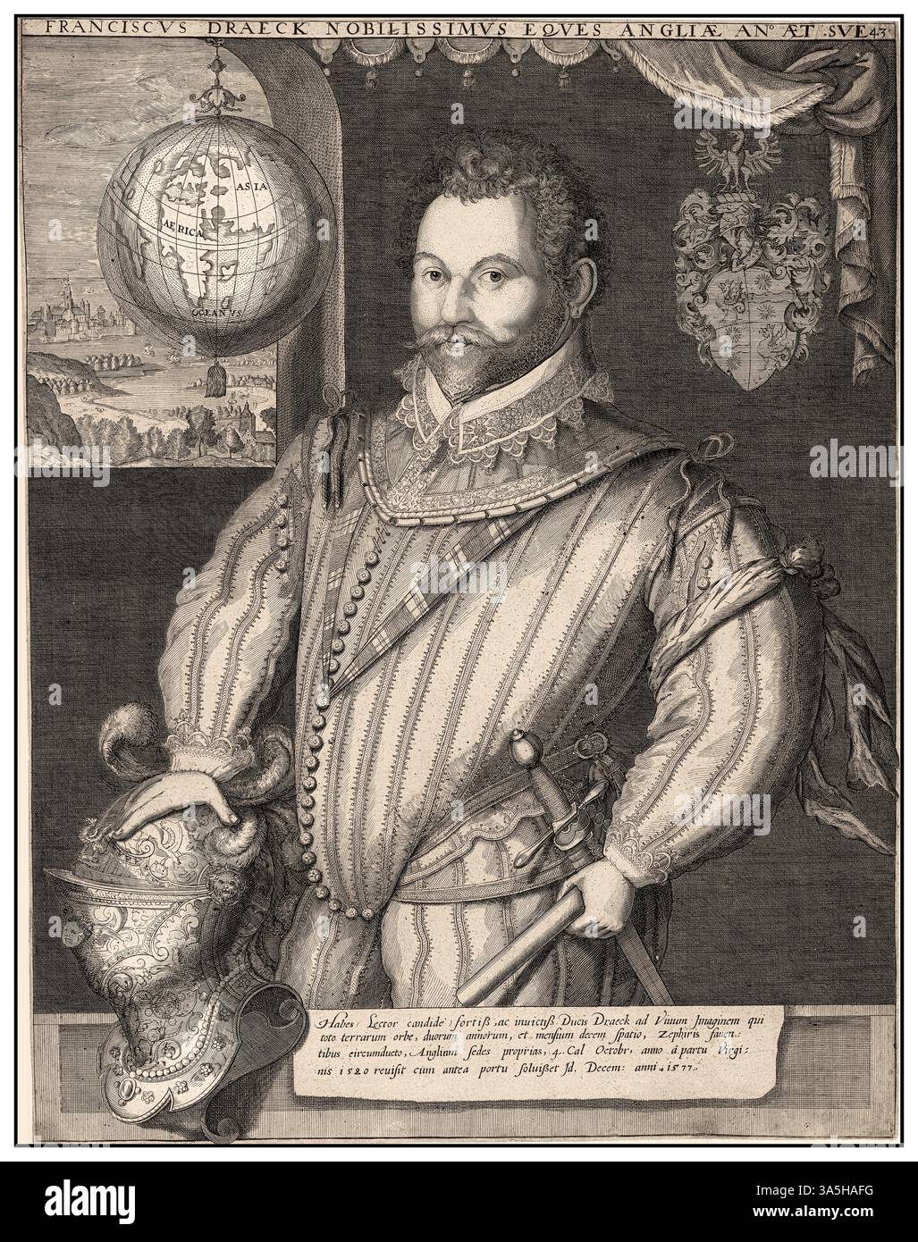 Sir Francis Drake Porträtstich, der seine Weltumrundung zelebriert, von Jodocus Hondius London um 1583 und später von George Vertue im 18. Jahrhundert. Ein schönes Porträt von Sir Francis Drake. Es wurde als Werk des Graveurs Jodocus Hondius zugeschrieben. London 1583. Er enthält sein Wappen und seinen Ritterhelm, und eine Kugel veranschaulicht seine ausgedehnten Reisen. Stockfoto