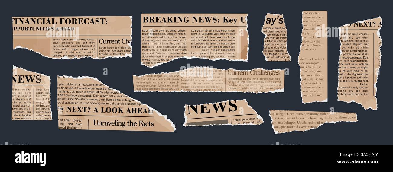 Zerrissene Zeitung. Altes Zeitungsschneidset. Vintage-Papierstücke mit gezackten Kanten. Zerrissene Papierelemente mit Typografie. Zerrissene Schrott für moderne Scrapbook-Collage. Vektorsatz. Stock Vektor Zerrissene Zeitung. Altes Zeitungsschneidset. Vintage-Papierstücke mit gezackten Kanten. Zerrissene Papierelemente mit Typografie. Zerrissene Schrott für moderne Scrapbook-Collage. Vektorsatz. Stock Vektor
