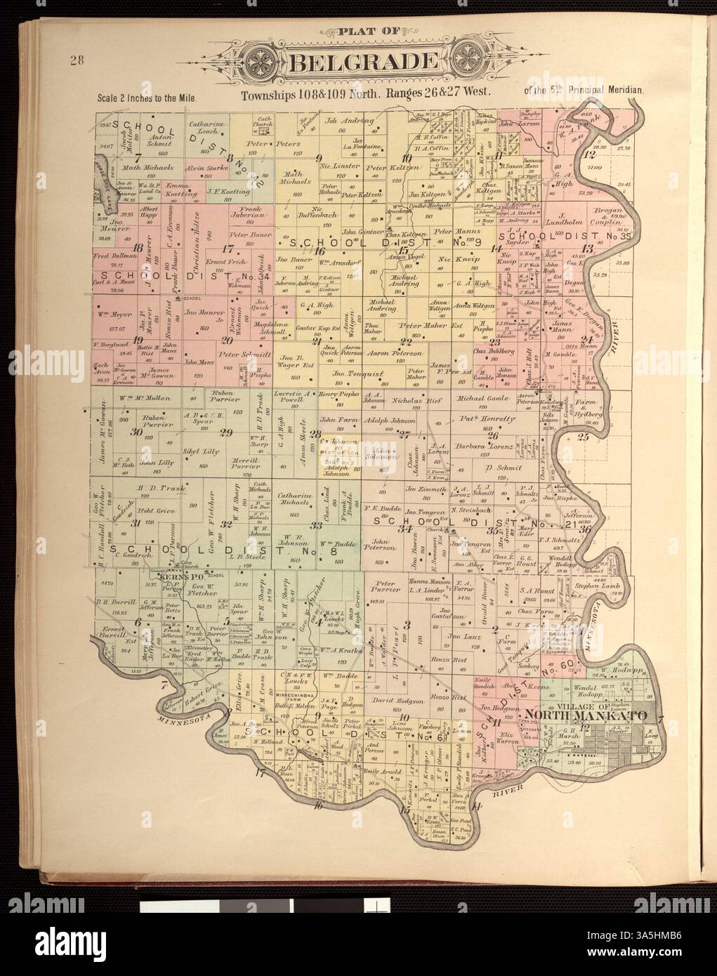 Das Plat Book von Nicollet County aus dem Jahr 1899 enthält 31 Farbkarten mit 13 Townships, 8 Städten und ländlichen Gebieten sowie Karten von Minnesota und den Vereinigten Staaten. Es beschreibt staatliche Umfragen und Straßengesetze für Minnesota, Kansas und Nebraska. Stockfoto