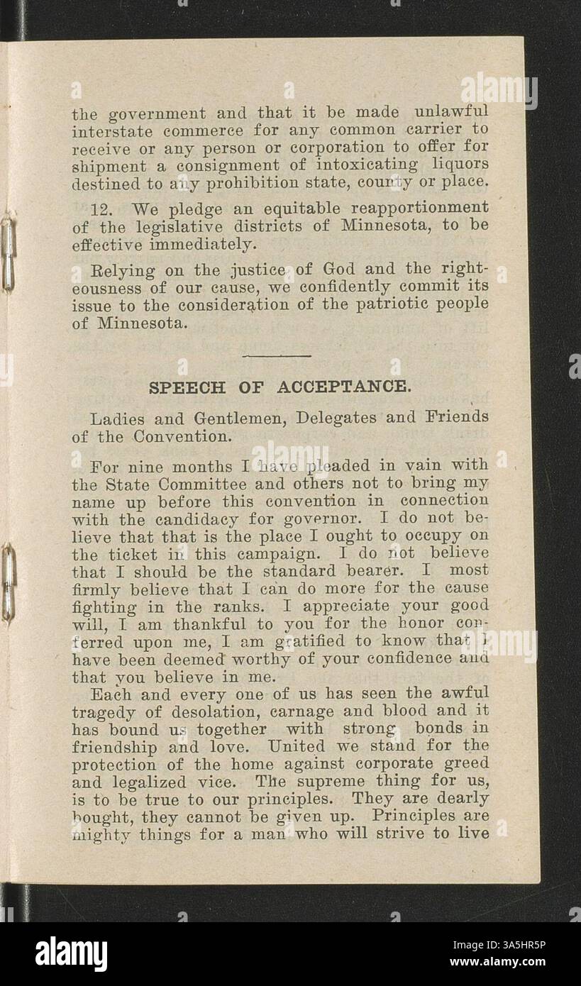 In diesem Pamphlet wird Engebret E. Lobecks Kandidatur für die Prohibition Party bei den Wahlen 1912 in Minnesota diskutiert und seine Position zur Prohibition und Kommunalpolitik betont. Stockfoto