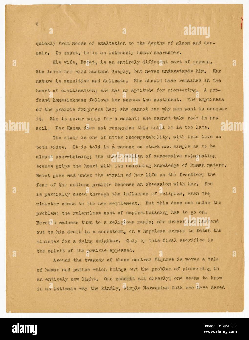 Ein Entwurf des Vorwortes zu „Giants in the Earth“, der von Harper & Brothers veröffentlicht werden soll. Diese Version stellt die Bühne für die Themen des Romans dar. Stockfoto