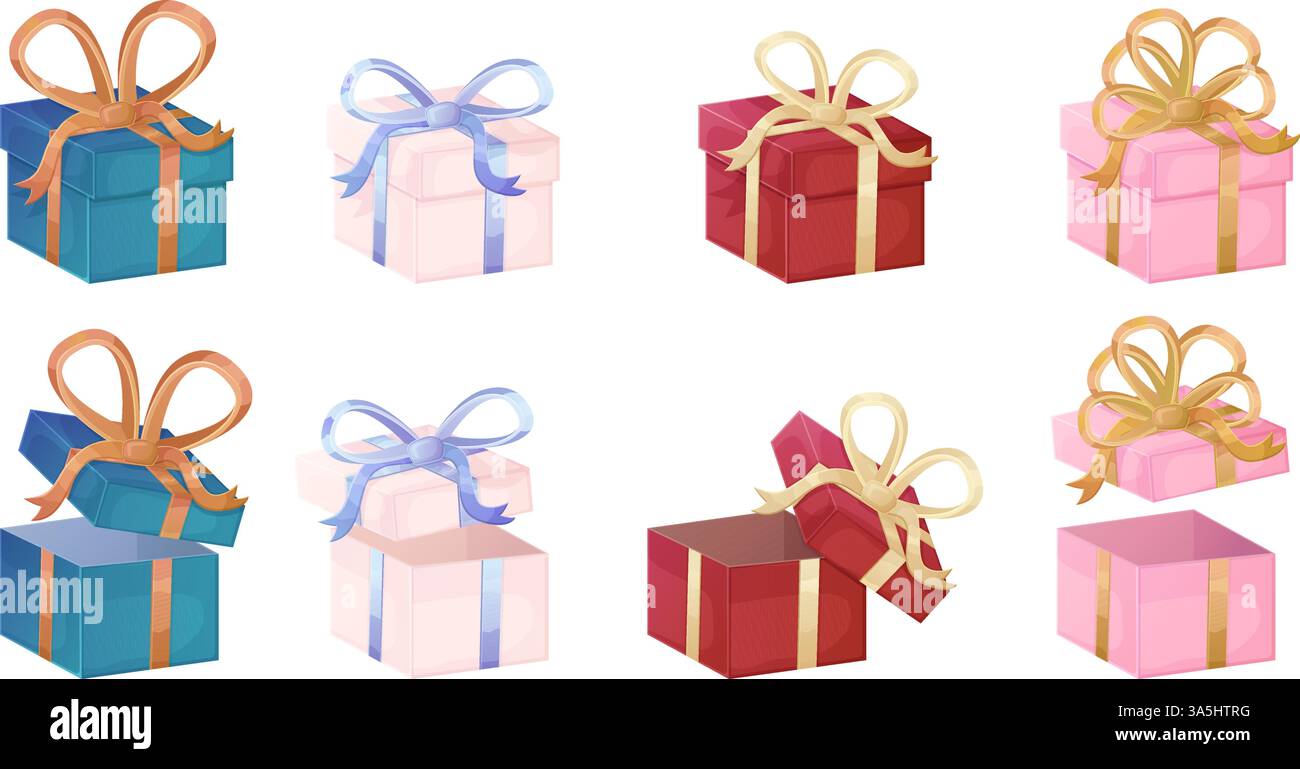 Geschenkbox-Set. Bunte Geschenkboxen mit Bändern und Schleifen, geschlossen und offen, isoliert auf weiß. Stock Vektor