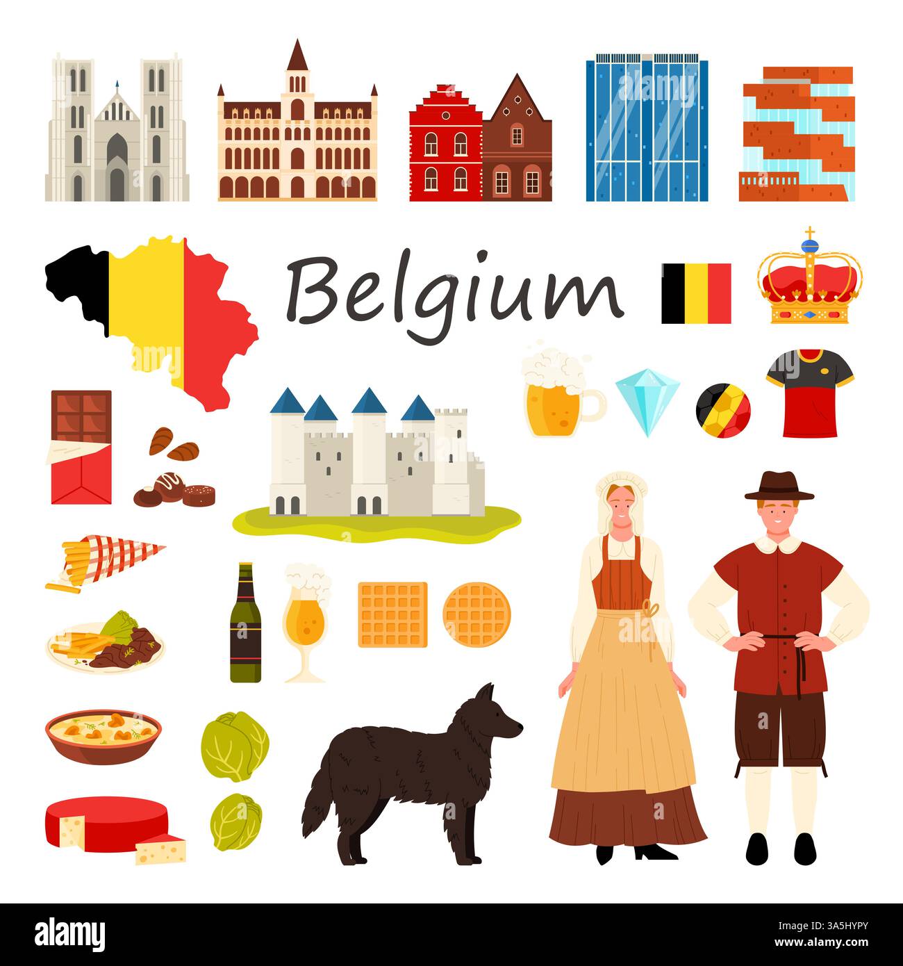 Reise nach Belgien Set. Menschen in nationalen Trachten und Gebäuden von Brüssel, belgische Karte und Flagge, Waffeln und Schokolade, mittelalterliche Burg Gravensteen und Kathedrale Cartoon Vektor Illustration Stock Vektor