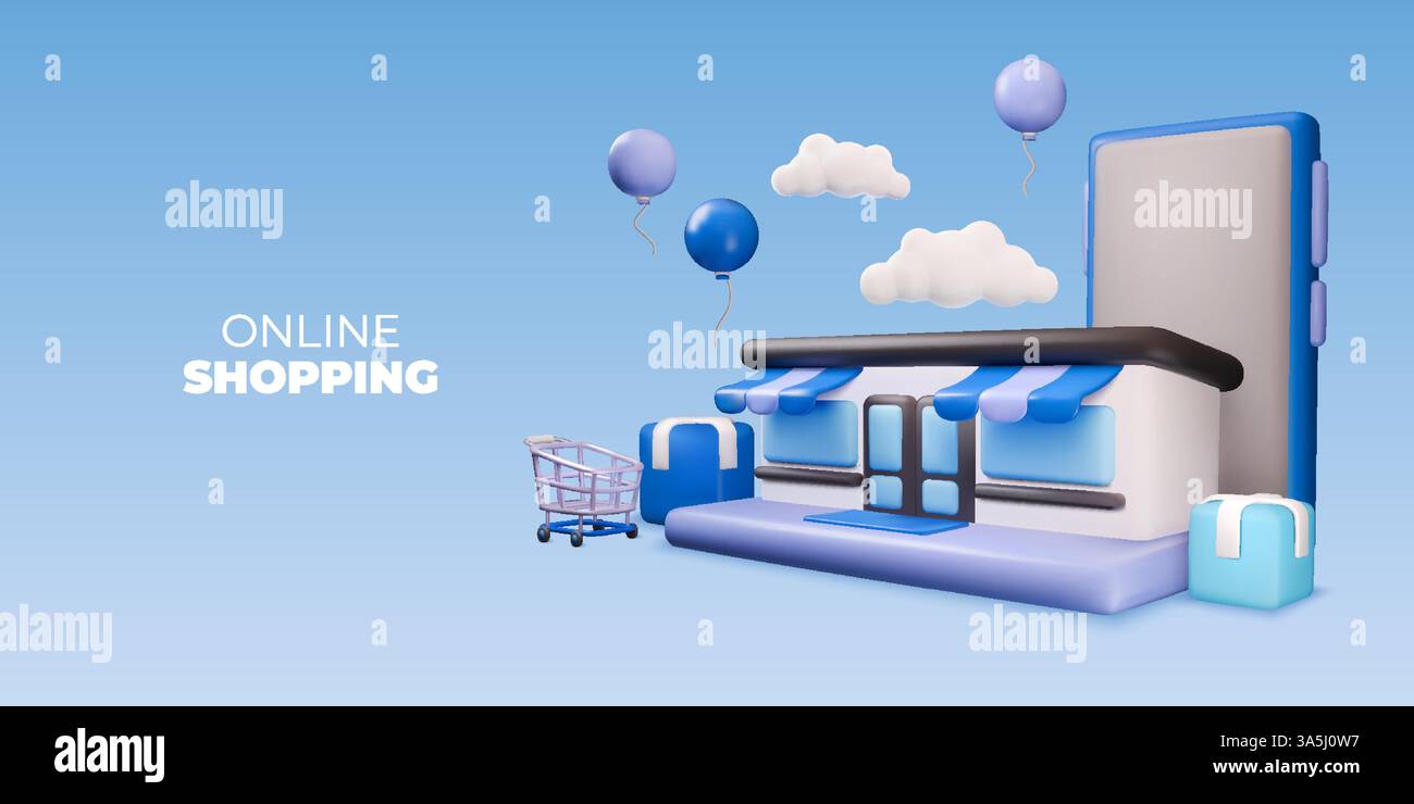 3D-Shop. Telefonspeicher. Geschenkbanner für Supermärkte mit Marktwagen und Paketbox. Web-Konzept der Liefer- oder Verkaufsplattform. Smartphone-App. Einzelhandelsservice. Boutique-Storefront. Hintergrund der Vektor-Website Stock Vektor
