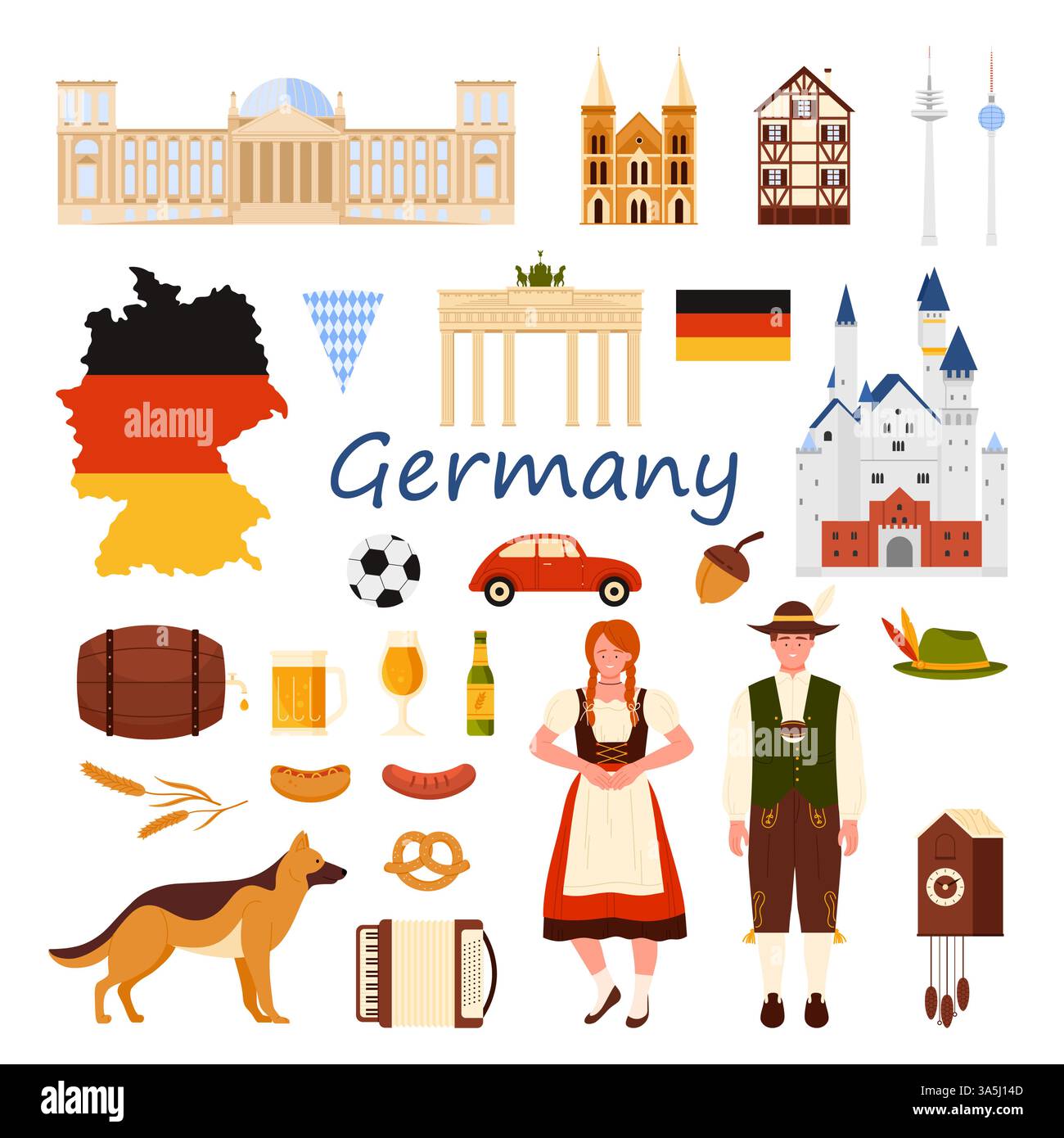 Reise nach Deutschland Set. Deutsche Menschen in Nationalkostümen für das Oktoberfest, Würstchen und Brezel, Fachwerkbau und Schloss Neuschwanstein, Bier- und Hundekarikaturvektorillustration Stock Vektor