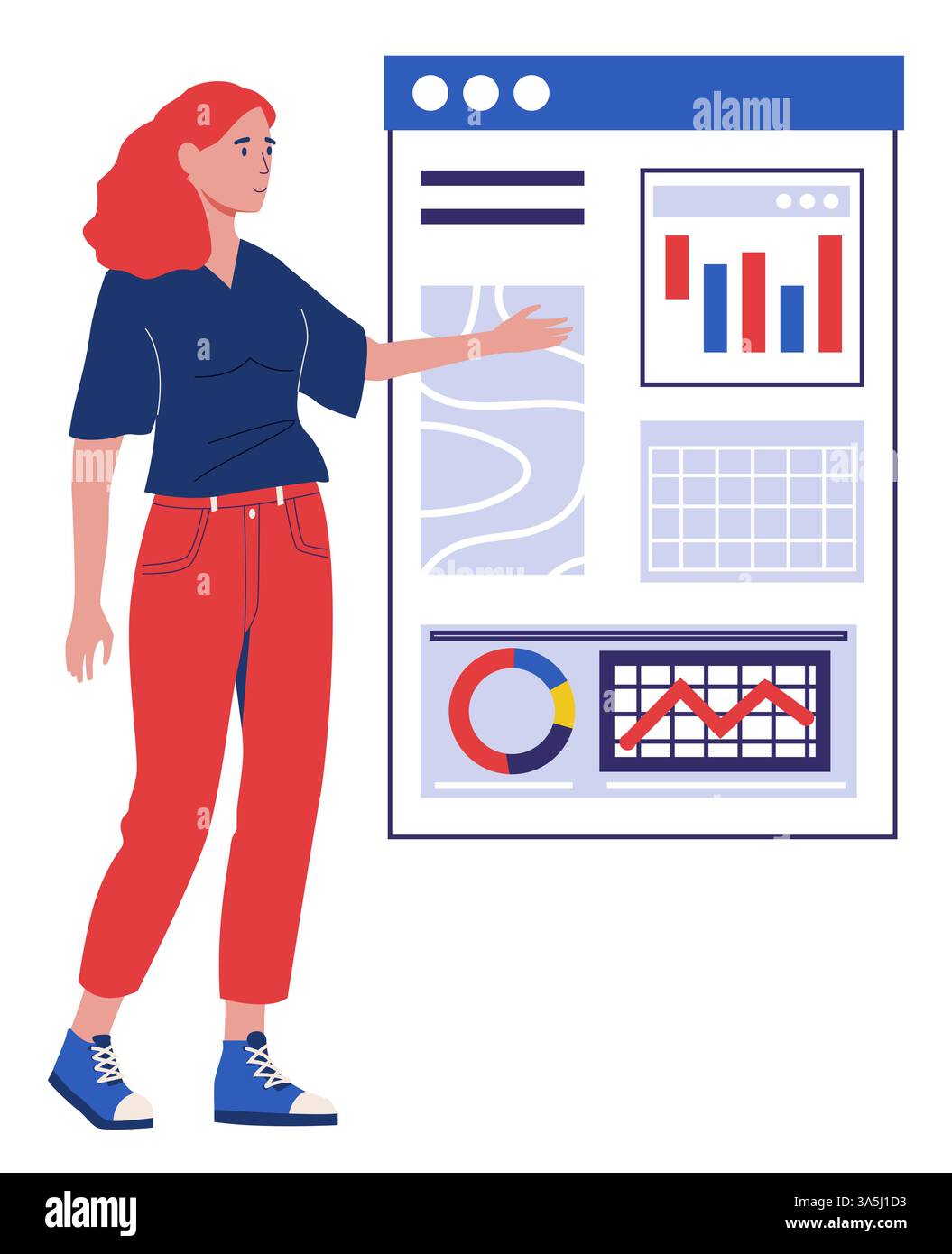 Business-Infografik. Projektdiagramm. Präsentation im Büro. Unternehmensstrategie. Kreative Frau, die im Browser-Frame erscheint. Finanzwachstum. Diagramm zur Analyse der Kapitalerträge. Vektorkonzept Stock Vektor