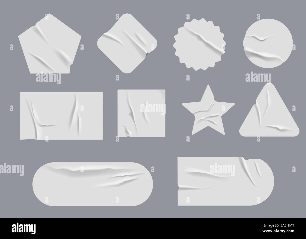 Stickermodell. Papier zerknitterte Textur, kreisrundes Etikett oder weiße Sternform. 3D-leere PNG, kreisförmiges Patch oder Tag-Logo. Verschiedene geometrische Formen, klebende leere Seite. Vektorsymbole isolierter Satz Stock Vektor